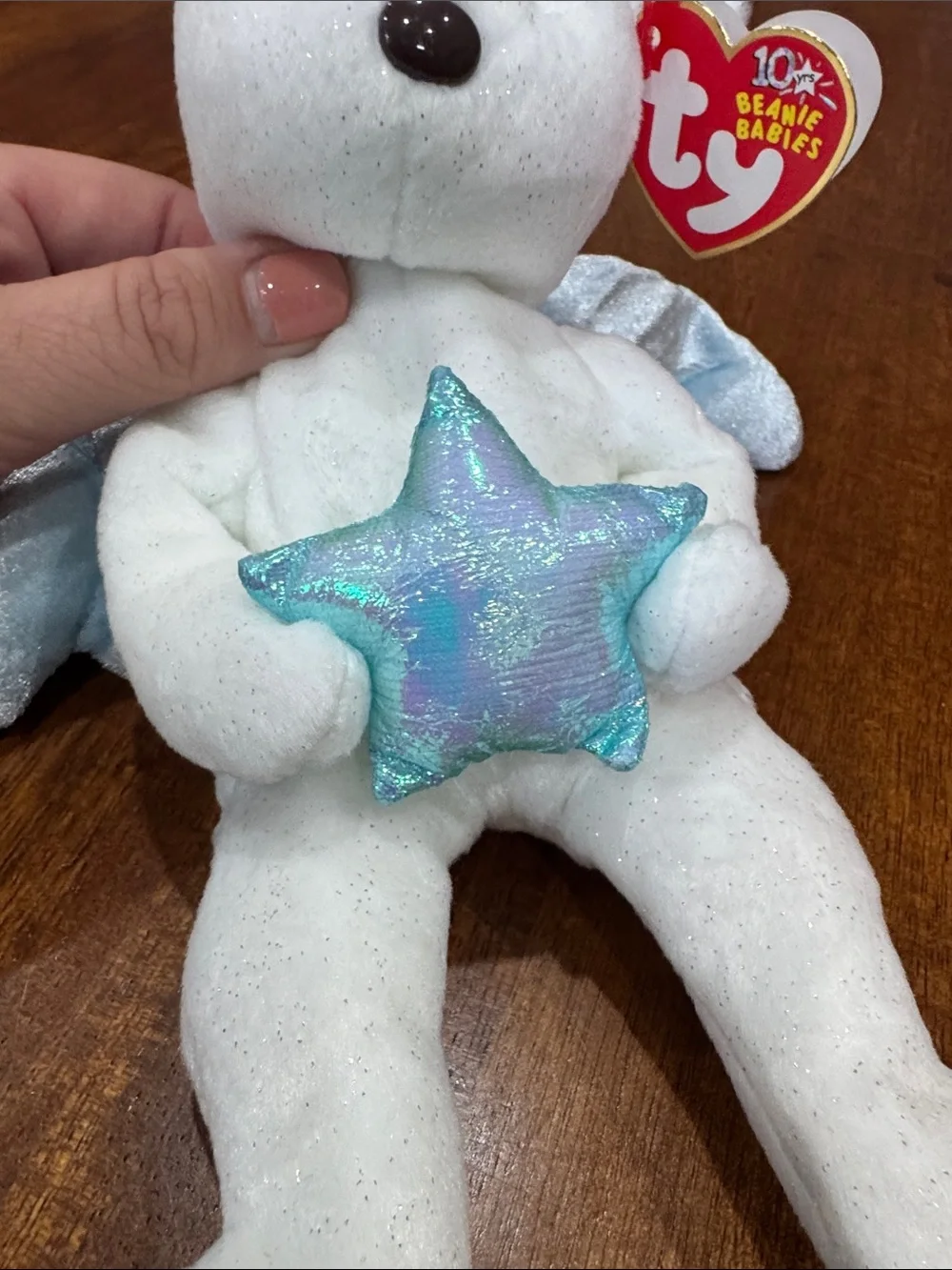 Ty Beanie Babies “Star” White Sparkle Bear Plush with Iridescent Star